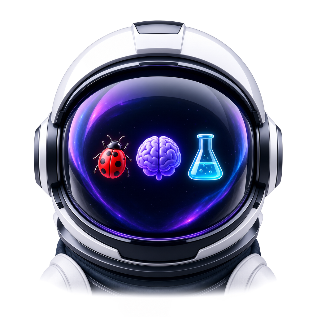 Testonaut logo — astronaut helmet with ladybug, brain, and flask icons